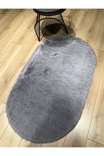 Halımax Tavşan Tüyü Kaymaz Tabanlı Gri Oval Dekoratif Post Peluş Halı Yatak Odası Koridor Halısı