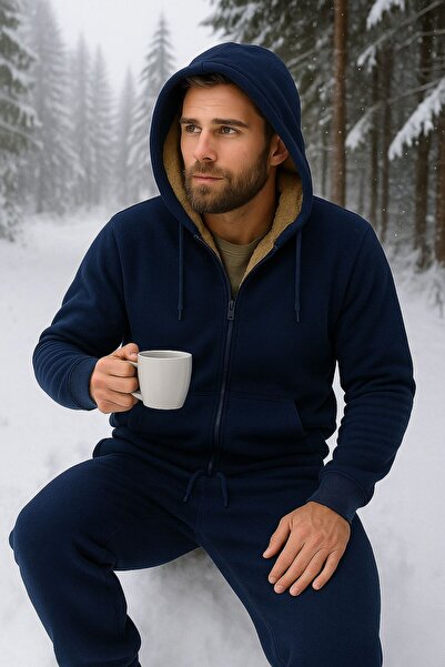 CLASSY.MODA Iarnă 3 fire – Top cu blană Welsoft în interior, cu excepția Kullar, set de trening Kullar hari cu căptușeală din fleece a cu glugă – Unisex