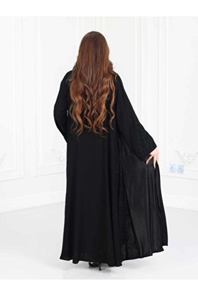TREN Black Embroidered Semi-Flared Long Sleeve Crepe Maxi Abaya Elegant Modest Dress for Women