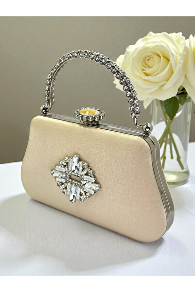 Biçanta Skin Nude Color Glitter Satin Crystal Stone Handle Women Evening Dress Bag Wedding Engagement Graduation