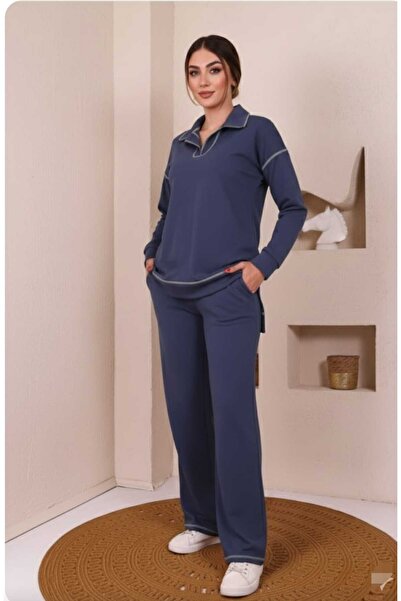 aytenli Polo Collar Half Zipper Closure Reverse Stitch Detail Single Jersey Sports Casual Suit