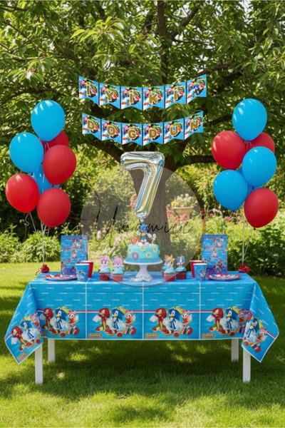 Umamiçe Sonic Temalı 7 Yaş Doğum Günü Parti Seti – Masa Örtüsü + Banner + 7 R...