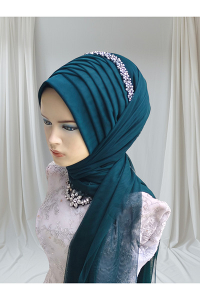 Nuray hazır duvak Accessories Included: Emerald Green Single-Layer Flexible Fabric Ready-Made Veil, Ready-Made Shawl, Ready-Made Turban.