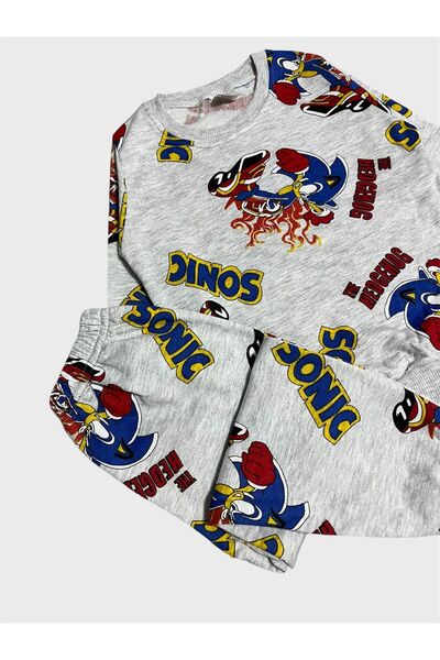 ALİŞ KİDS Boy's Cotton Fleece-Lined Gray Sonic Patterned Long Sleeve Winter Pajamas Set