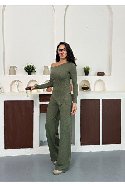 Lila Moda Khaki Boat Neck Asymmetrical Cut Blouse Flared Pants Double Suit