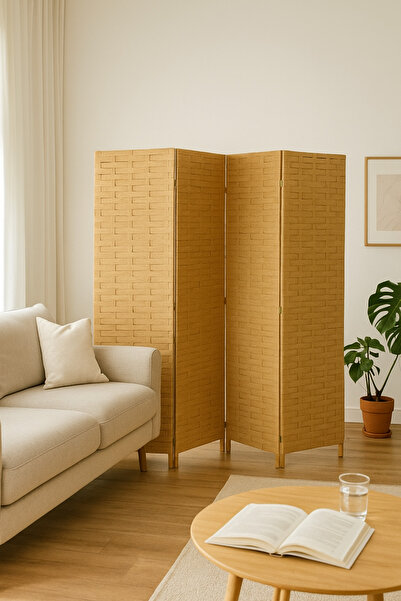MARIA HOMES 4-Panel Woven Room Divider – 180×180 cm Foldable Privacy Screen in Beige Rattan Design