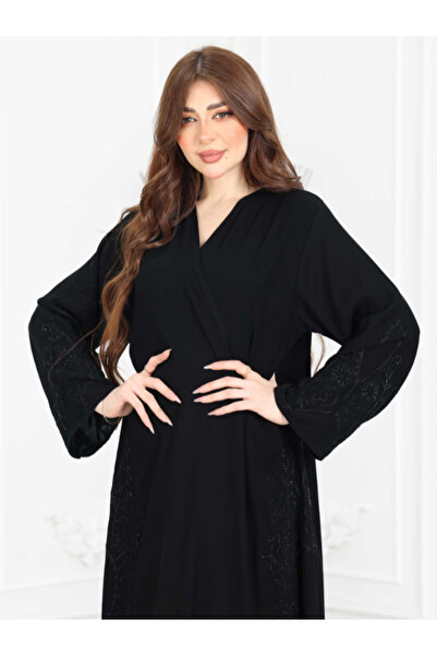 TREN Black Embroidered Semi-Flared Long Sleeve Crepe Maxi Abaya Elegant Modest Dress for Women