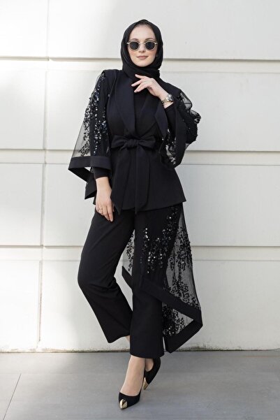 MİANOTTE Chiffon Sequin Embroidered Belted Jacket Pants Set