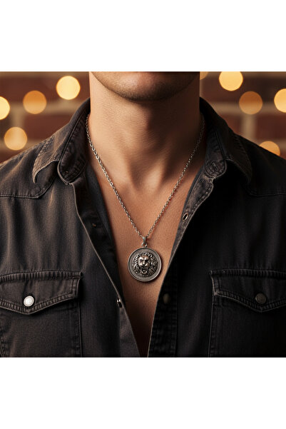 Alooya Güç Sembolü Aslan Madalyon Gümüş Kaplama Düz Zincir Kolye
