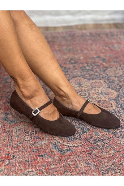 SİBA SHOES Velma Hakiki Süet Deri Taşlı Toka Detaylı Acı Kahve Babet