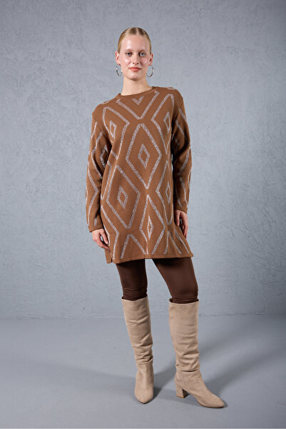 Moda Days Women's Taba Yan Slit Crew Neck Glitter Patterned Knitwear Blouse