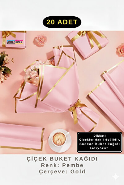 COLORPAK Çiçek Buket Ambalaj Jelatin Kağıdı (PEMBE zemin ve GOLD kenarlı) Mat Opp 55x55cm 20 adet