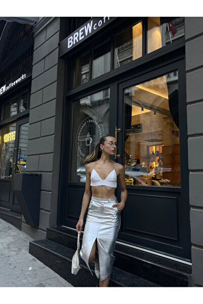 Pophlin Gümüş Varak Önden Yırtmaçlı Etek