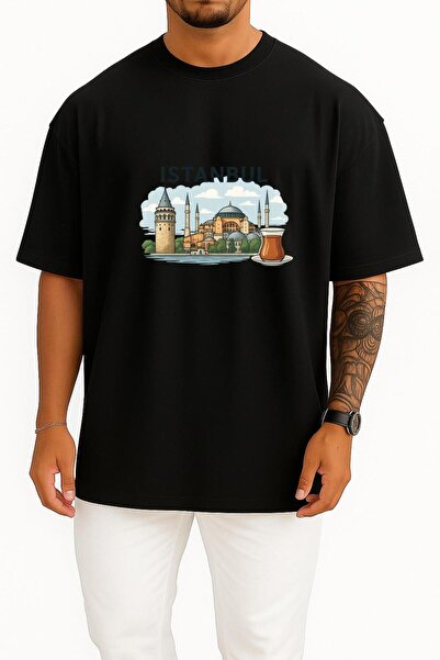 Bahriyeli Collection supradimensionat Istanbul - Tricou unisex cu designul Moscheeiului Hagia Sofia și Tea Chest