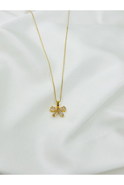 Raha Butik Zirkon Taşlı Altın Renk Beyaz Kurdele Kadın Kolye