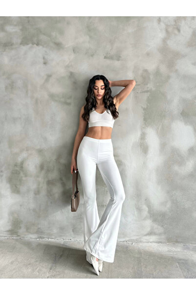 Pophlin Beyaz İspanyol Paça Pantolon