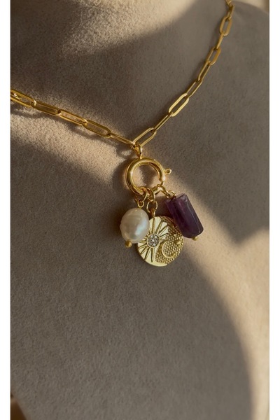 Nour Co Ametist İnci Ay Güneş Charm Çelik Kolye