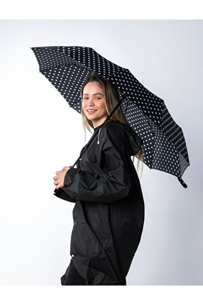 Herşey Nota Siyah Beyaz Benekli Şemsiye | Tam Otomatik 10 Fiber Telli Rüzgara...