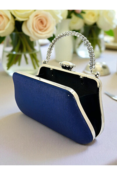 Biçanta Navy Blue Color Glitter Satin Crystal Stone Handle Women Evening Dress Bag Wedding Engagement Graduation