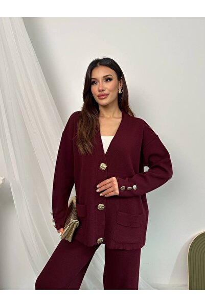 manana fashion Gold Buttoned Special Design Knitwear Cardigan Trouser Set