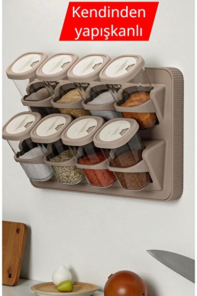 Online Home Market 8-Piece Spice Set with Stand and Countertop Cover – Adhesive Wall Mountable Design