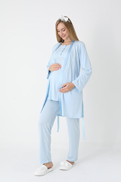 Lohussa Women's Blue Lace Detailed Long Sleeve Special Design Maternity Maternity Dressing Gown Pajama Set