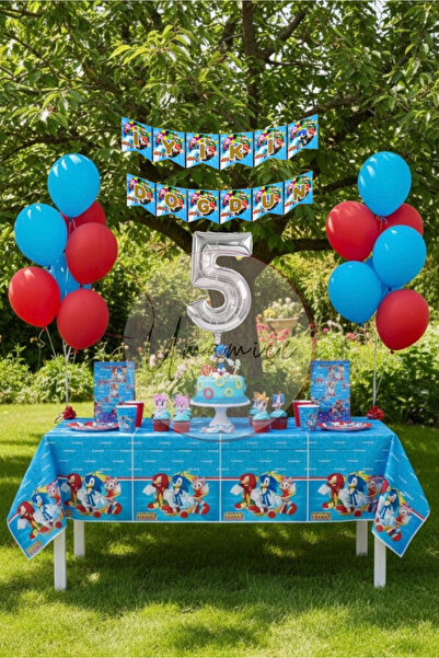 Umamiçe مجموعة حفلات عيد الميلاد ذات طابع سونيك لعمر 5 سنوات - مفرش طاولة + لافتة + 5 بالونات على شكل أرقام + بالونات