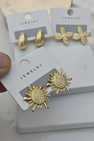 KYOLA DESİGN 3 Pairs Minimalist Women's Gold Earring Set (Sun Clover Drop)