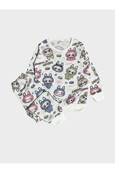 ALİŞ KİDS Girls' Cotton Fleece-Lined White Labubu Patterned Long Sleeve Winter Pajamas Set