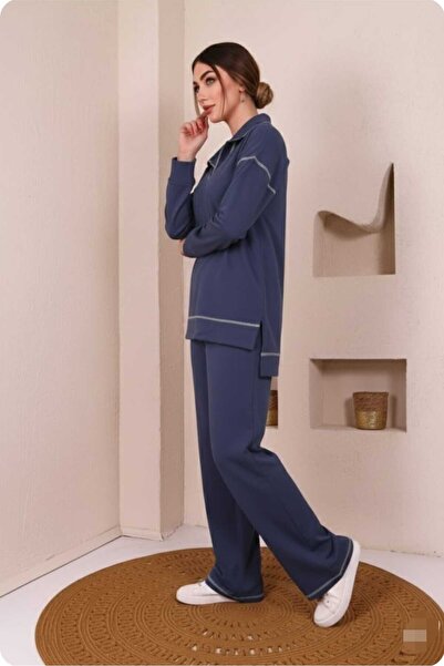 aytenli Polo Collar Half Zipper Closure Reverse Stitch Detail Single Jersey Sports Casual Suit