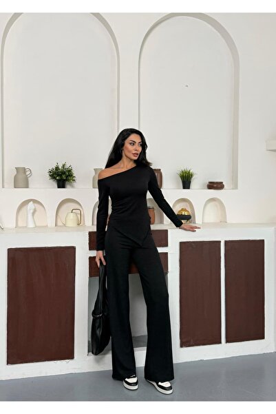 Lila Moda Khaki Boat Neck Asymmetrical Cut Blouse Flared Pants Double Suit