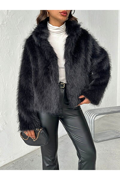 Caddebostan Moda Black Women's Faux Faux Fur Coat Modern Premium Design Jacket