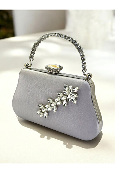 Biçanta Ασημί γκρι χρώμα Ασημί σατέν με κρυστάλλινη πέτρα με λαβή Γυναικεία βραδινή τσάντα φόρεμα γάμου αρραβώνων Αποφοίτηση