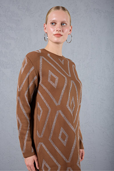 Moda Days Women's Taba Yan Slit Crew Neck Glitter Patterned Knitwear Blouse