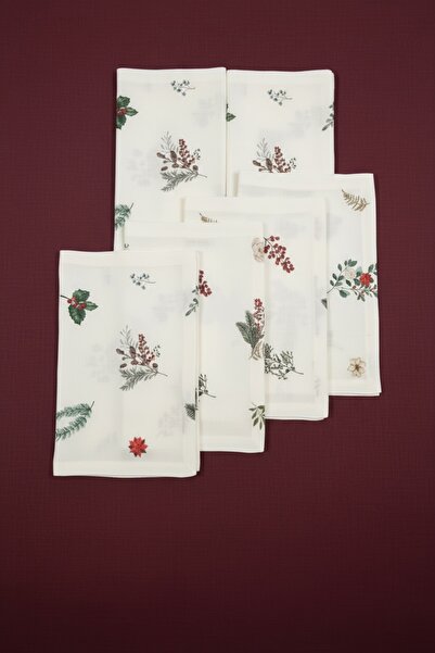 Haus Violett 6’lı Kış Çiçekleri Kumaş Peçetelik Seti – %100 Keten Yılbaşı Hediyesi, Sofra Tamamlayıcı Set Mevcut