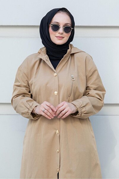 Ghisa Hooded Trench Coat with Front Snap Buttons