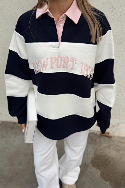 Swist Синій New Port вишитий поло з коміром-стійкою, смугастий, з бавовняною підкладкою, жіночий світшот