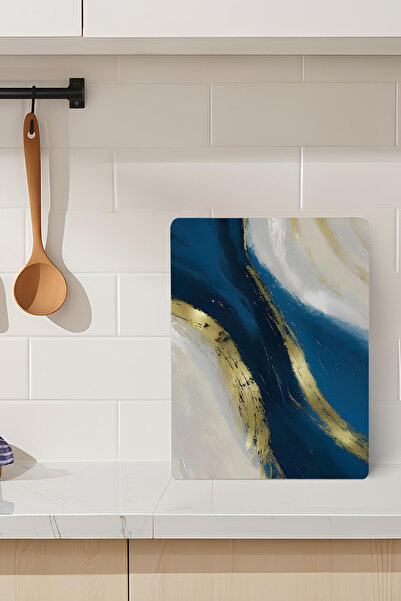 kutuTR Abstract Blue and Gold Pattern Tempered Glass Cutting Board 21X30 cm S...