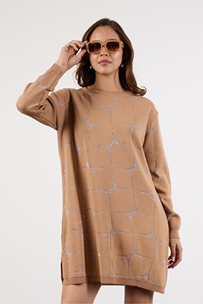 Moda Days Women's Beige Yan Slit Crew Neck Glitter Patterned Knitwear Blouse