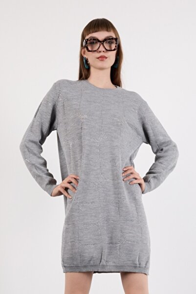 Moda Days Women's Gray Side Slit Crew Neck Glitter Patterned Knitwear Blouse