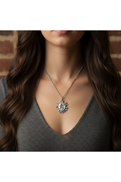 Alooya Güç Tılsımı - Güneş ve Ay Gümüş Kaplama Düz Zincir Kolye