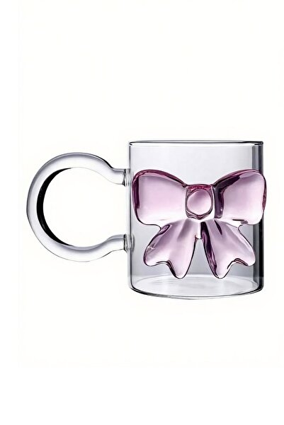 GENGSİ Pink Bow Detailed Stylish and Elegant Pinterest Borosilicate Glass Cup Mug 350 ml 8.5 X 7.5 cm