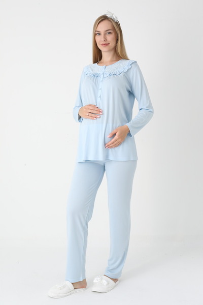 Lohussa Women's Blue Lace Buttoned Winter Special Design Maternity Maternity Dressing Gown Pajama Set