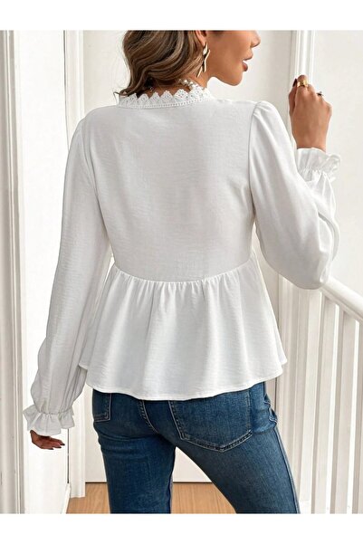 babatr.com Women's Long Sleeve V Lace Neck Aerobin Blouse