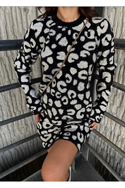 Lovely butik Black and White Leopard Print Soft Textured Knitwear Mini Dress Long Sleeve Winter Sweater Dress