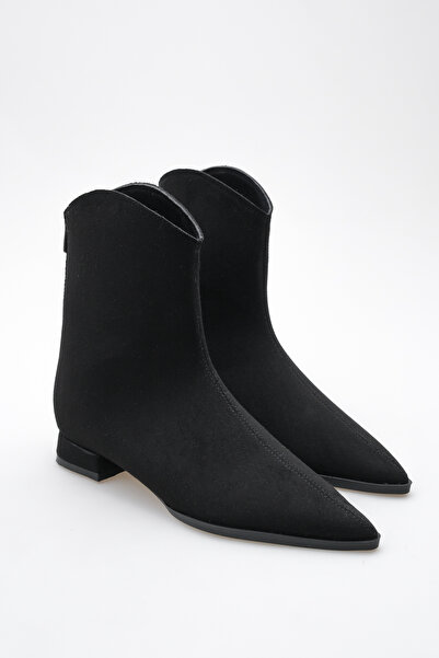 Long Star Kadın Suni Deri Sivri Burun Kısa Topuklu Kovboy Fermuarlı Günlük ve Ofis Bot Süet