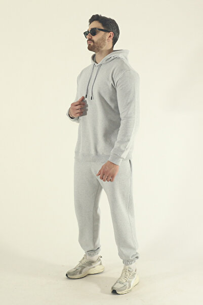EydaMoon Ανδρικό χειμερινό σετ αθλητικής φόρμας με κουκούλα Sweatshirt Jogger - Γκρι κανονικό ελαστικό πόδι