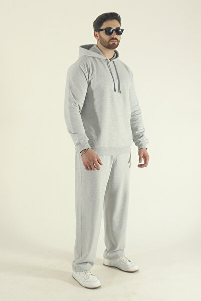 EydaMoon Men's Winter Cotton Hooded Sweatshirt Bottom Baggy Tracksuit Set-Grey