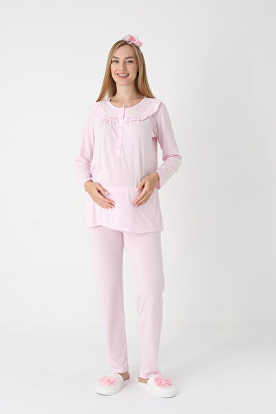 Lohussa Women's Pink Lace Buttoned Winter Special Design Maternity Pajama Set