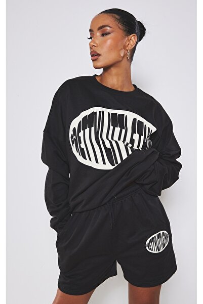 VİBES Hanorac Prettylittlething - Negru Imprimat Oversize Crew Gate